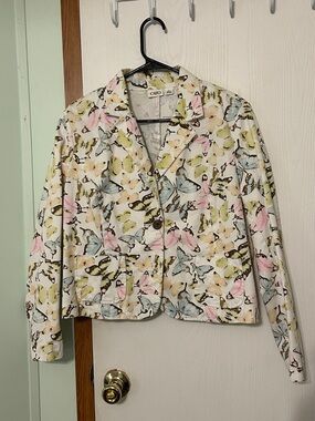 Cato White Cropped Jacket with Pastel Butterfly Print Size Large